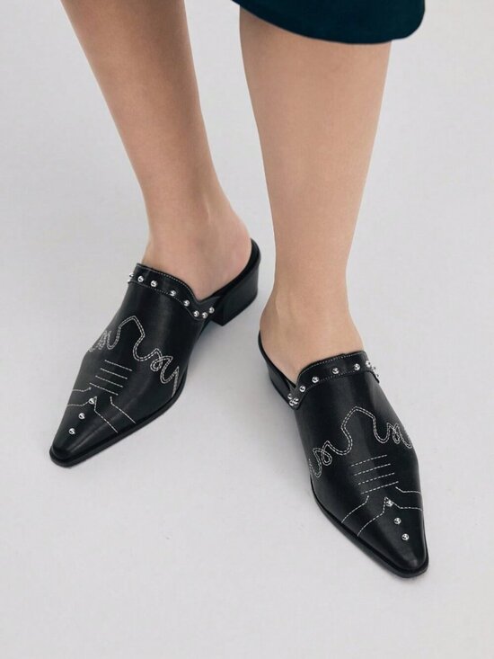 MODA ME COUTURE Shoes - Black Casual Women's Western Studded Decor Pointed Toe High Heel Mules